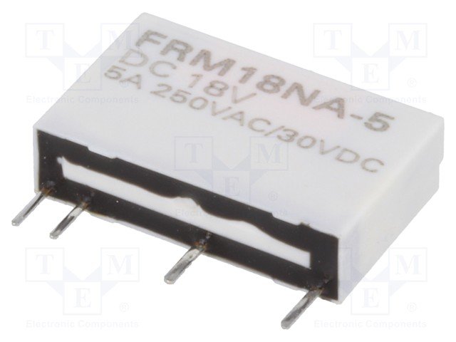 Relejs DC18V, SPST-NO, 5A/250VAC, 5A/30VDC, 2.7kΩ(6.6mA), viens kontakts uz saslēgšanu, 20x12.5x5mm, FORWARD INDUSTRIAL CO.