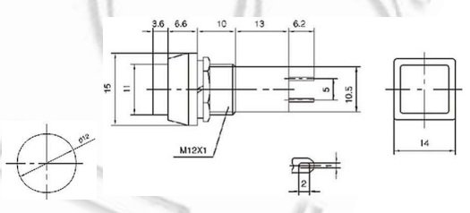 Poga SPST-NO, OFF-ON, 1A/250VAC, Ø12mm, 14x14x35.2mm, sarkanā krasa, ar fiksaciju