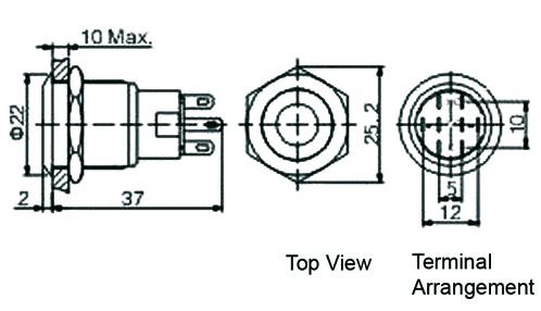 Poga M19x36mm, SPDT, ON-(ON), 0.5A/220VAC, 1A/24VDC, IP67, LED12VAC/DC, dzeltena centrā, antivandala, bez fiksacijas