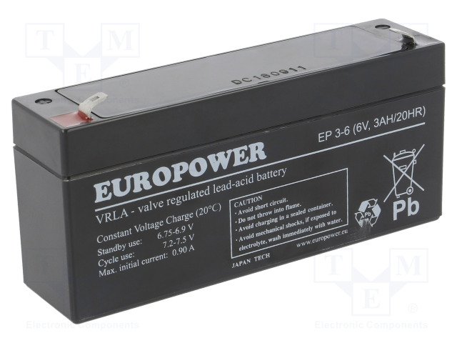 Rūpņiecības svina-skabes akumulators 6V, 3.0Ah, 134x34x66mm 0.65kg.