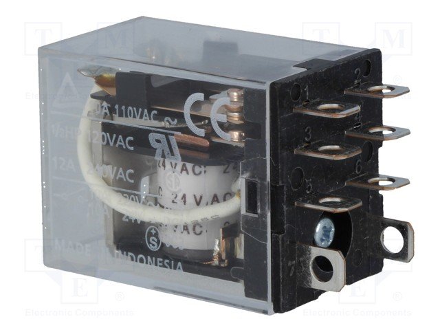 Relejs AC24V, DPDT, 2x10A/110VAC, 2x10A/24VDC, 180Ω(122mA), divi kontakti uz pārslēgšanu, 28x21.5x36mm, OMRON