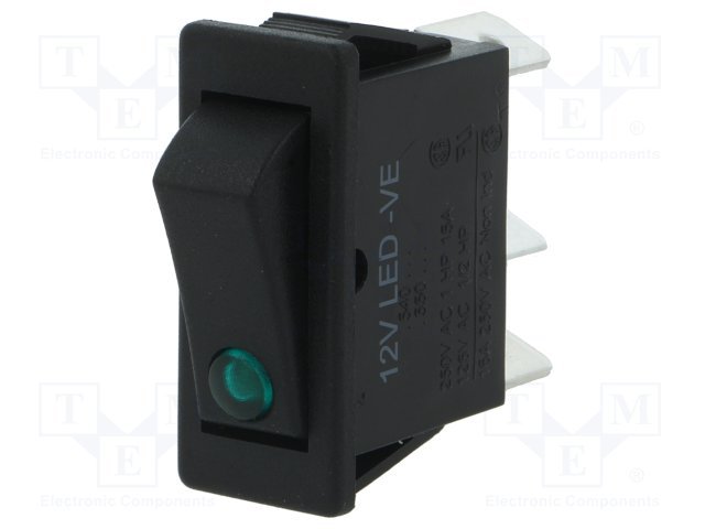 Taustiņslēdzis SPST, ON-OFF, 16A/250VAC, 14x29x36mm, 6.3x0.8mm, apgaism. LED12VDC, zaļa krasa, ar fiksāciju