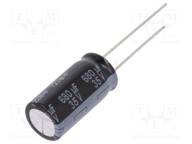 680/35V, 105C, Ø10x20mm, ±20%, Kondensatori zemas induktivitātes, 10000h, PANASONIC, ar lokaniem ivadiem