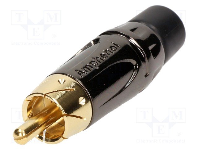 RCA štekers, taisns, GOLD, IP40, lodējams, melns/melns, max. 3...7mm, īss, AMPHENOL