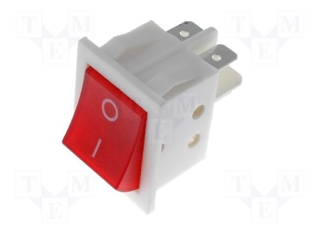 Taustiņslēdzis DPST, ON-OFF, 15A/250VAC, 26x34mm, apgaism. neona lamp. sarkanā, (--O), baltā krasa, ar fiksāciju