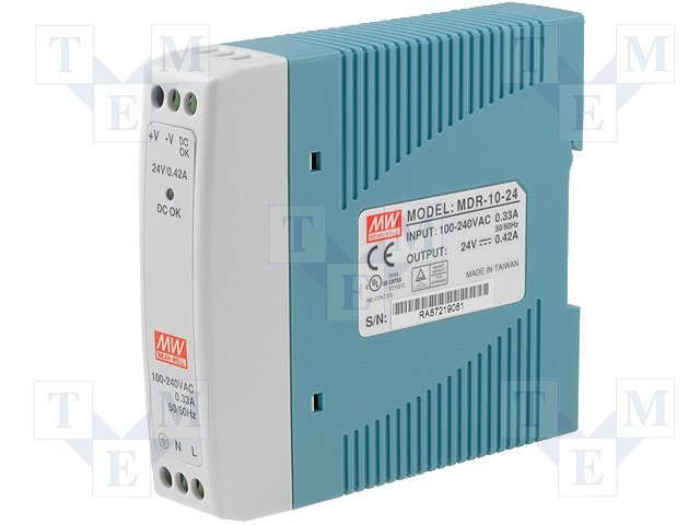Barošanas avots, 24V, 0.42A, 10W, 85÷264VAC, DIN sliedei, Mean Well
