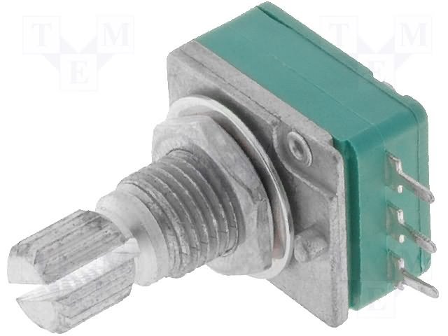 50K mono, Ø17x9.2mm, D=6mm, L=9mm, 63mW, ±20%, potenciometrs ar logarimisku atkarību, lodejamie izvadi