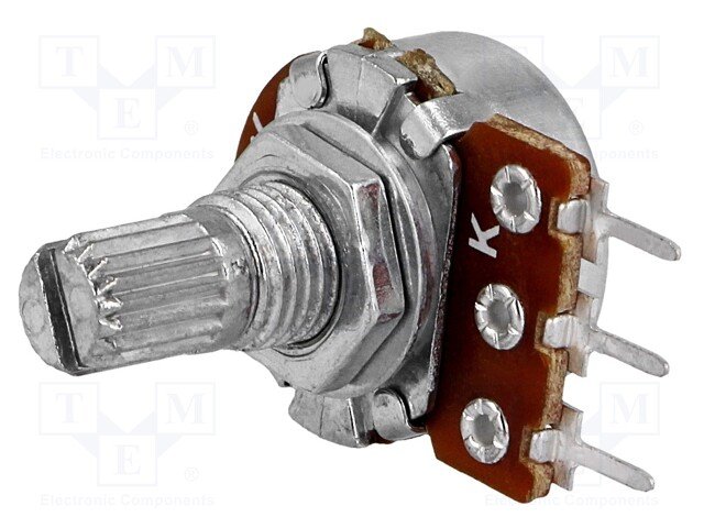 22K mono, Ø17x9.2mm, D=6mm, L=9mm, 63mW, ±20%, potenciometrs ar logarimisku atkarību, PCB veida