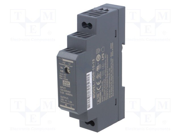 Barošanas avots, 15V, 1A, 15W, 85÷264VAC, DIN sliedei, Mean Well