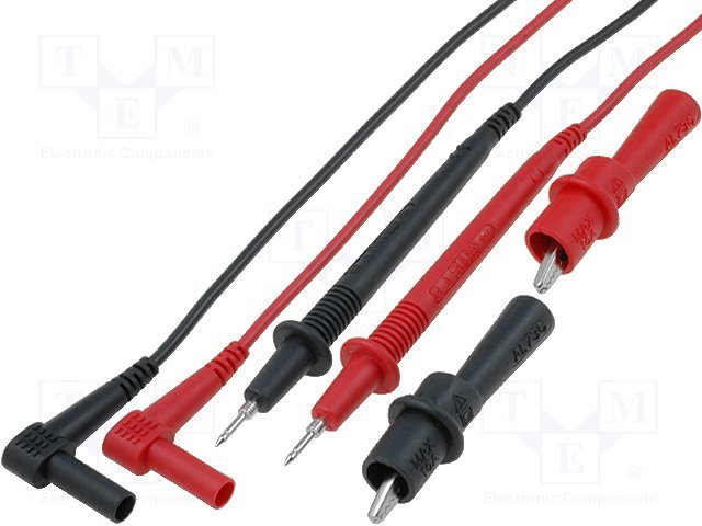 Testera savienotājvadi 2gab.б melns un sarkans, dakša "banāns" 4mm / zonde 2mm + krokodili, 10A, PVH, EN61010 1000V CAT III, EN61010 600V CAT IV, 1.0m