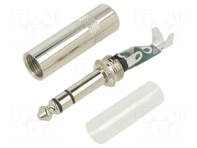 6.35mm štekers, stereo, metāls, uz vadu, sudrabots, max. diameters 7.6mm, REAN