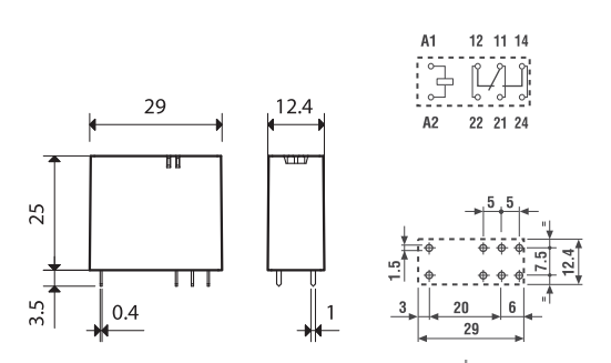 Relejs 230V/AC, SPDT, 16A/250VAC, 16A/30VDC, 28kΩ(5mA), viens kontakts uz pārslēgšanu, AgSnO2, 29x25x12.4mm, FINDER