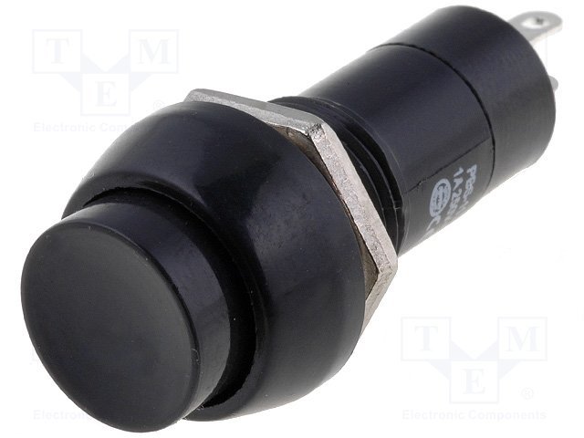 Poga SPST-NO, OFF-(ON), 1A/250VAC, Ø12mm, Ø17.2x35.2mm, melna krasa, bez fiksacijas