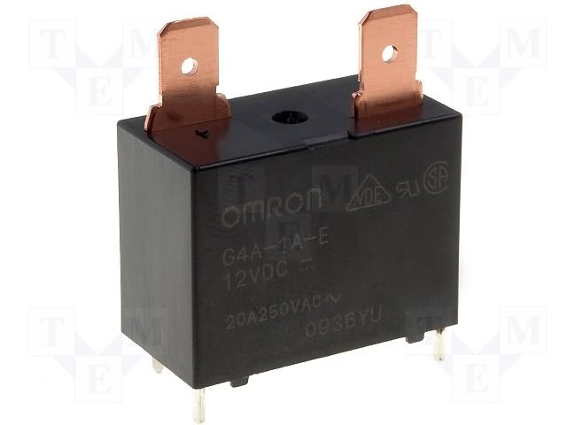 Relejs DC12V, SPST-NO, 20A/250VAC, 15A/30VDC, 160R(75mA), viens kontakts uz saslēgšanu ar papildus kontaktiem, 30.5x16x23.5mm, OMRON