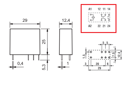 Relejs 230V/AC, DPDT, 2x8A/250VAC, 2x8A/30VDC, 28kOhm(7.8mA), divi kontakti uz pārslēgšanu, 29x12.4x25mm, FINDER