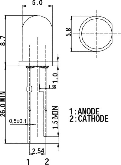 5mm, balts, mirgojoša, 4V(3.8-4.5V), 3cd, 25mA, 30grad, gaismas diode