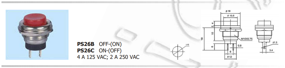 Poga SPST-NO, OFF-(ON), 1A/250VAC, Ø16mm*25mm, sarkana, bez fiksacijas