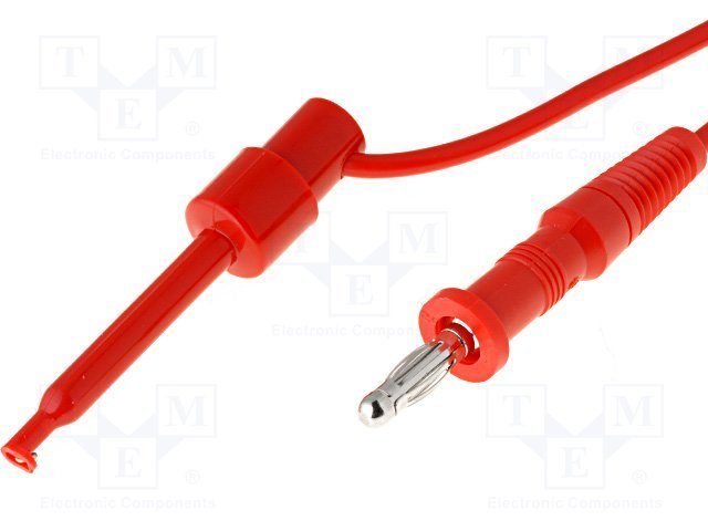 Testera savienotājvads, dakša "banāns" 4mm / aķis, 10A, 0.95m, sarkana krasa