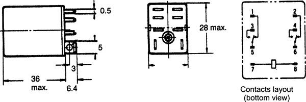 Relejs 230V/AC, DPDT, 2x10A/110VAC, 2x10/24VDC, 18.79kΩ(12.2mA), divi kontakti uz pārslēgšanu, 28x21.5x36mm, OMRON