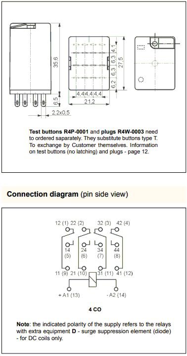 Relejs 230V/AC, 4PDT, 4x6A/250VAC, 4x6A/24VDC, 16100Ω(14.3mA), IP40, četras grupas uz pārslēgšanu, lodejama, 27.5x21.2x35.6mm, RELPOL