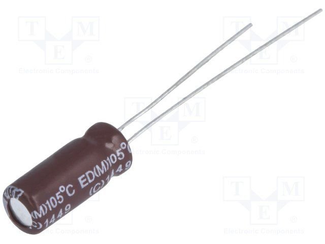 220/25V, 105C, Ø8x11.5mm, ±20%, Kondensatori zemas induktivitātes, 2000h, ELITE, ar lokaniem izvadiem