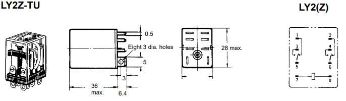 Relejs AC24V, DPDT, 2x10A/110VAC, 2x10A/24VDC, 180Ω(122mA), divi kontakti uz pārslēgšanu, 28x21.5x36mm, OMRON