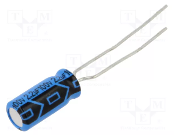 2.2/100V, 105C, Ø5x11mm, ±20%, Kondensators elektrolītisks, 2000h, VISHAY, ar lokaniem izvadiem