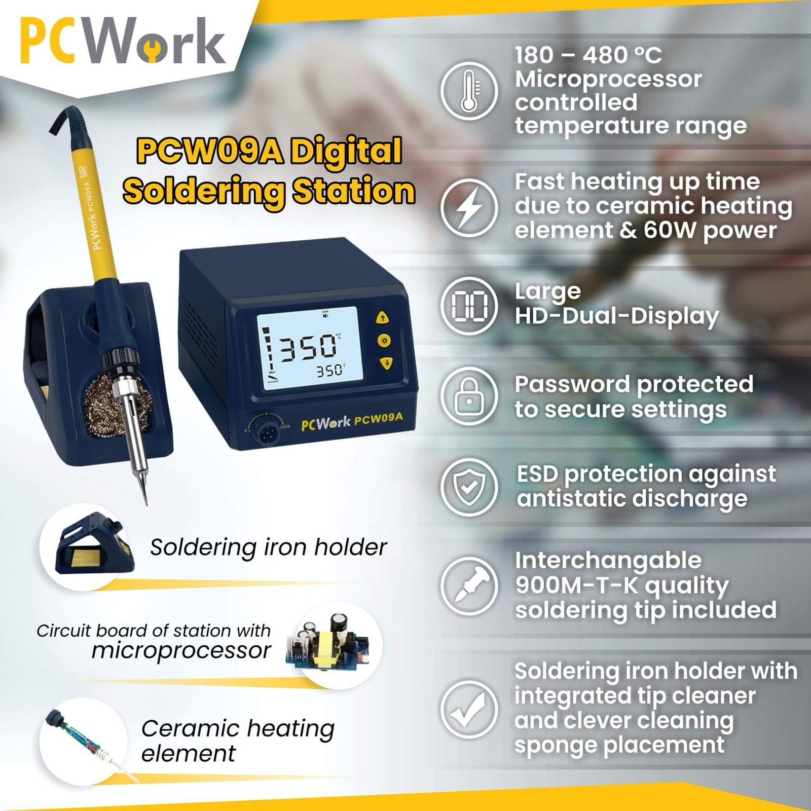 Lodēšanas stacija PCW09A, 230VAC/60W, 180°C...480°C, 5.0 kg.