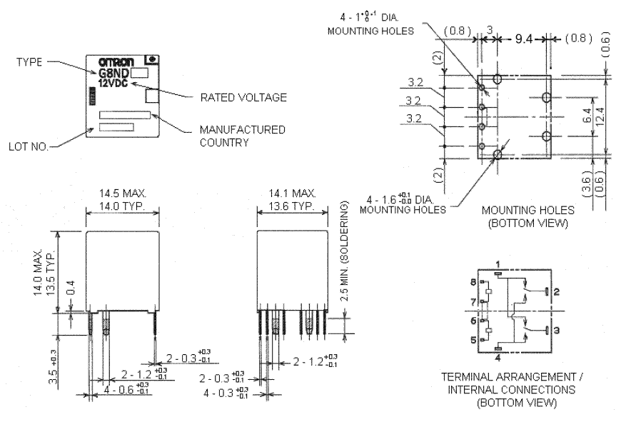 Relejs ar 2 tinumiem, 12VDC, SPDTx2, 30A/14VDC, 225R, H-Bridge, divi kontakti parallelu uz pārslēgšanu (Standard), OMRON