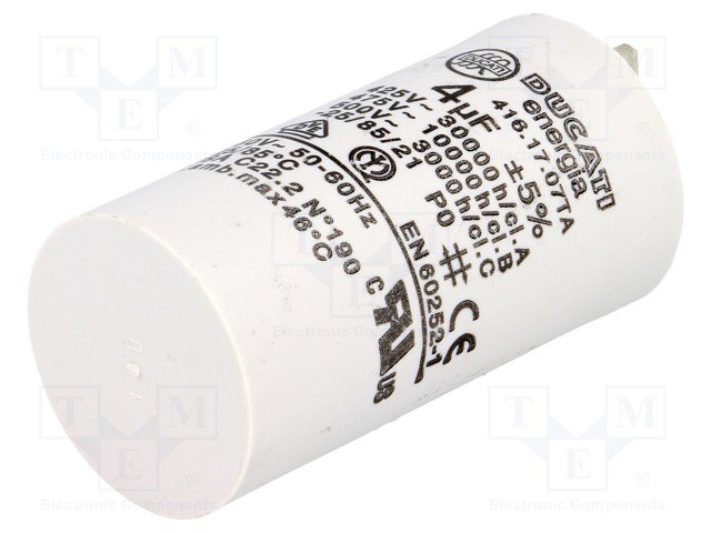 4.0/475VAC, ±5%, elektromotoru kondensators, klemes 6.3mm, 10000h, Ø28x55mm