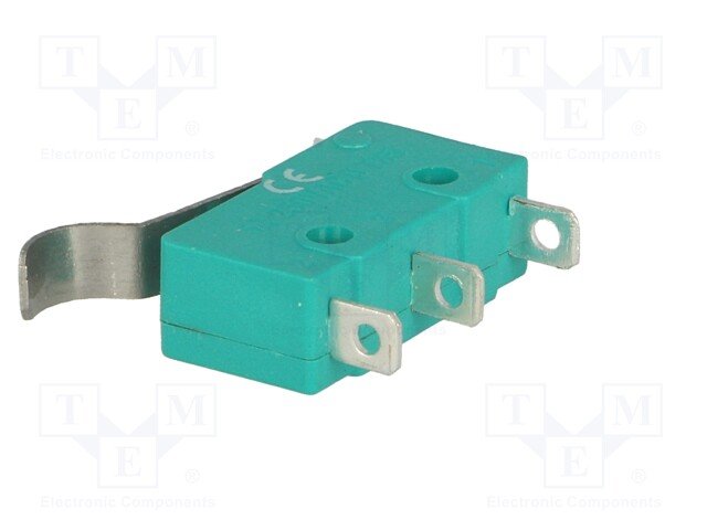Mikropārslēdzējs ar sviru (ar izliekto galu, Ø=6mm), L=17mm, SPDT, ON-(ON), IP40, 5A/250V, viens kontakts
