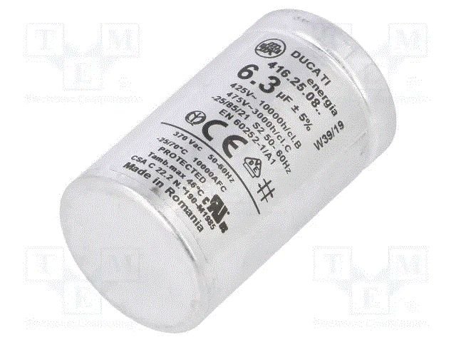 6.3/425VAC, ±5%, elektromotoru kondensators, klemes 6.3mm, 10000h, Ø35x60mm