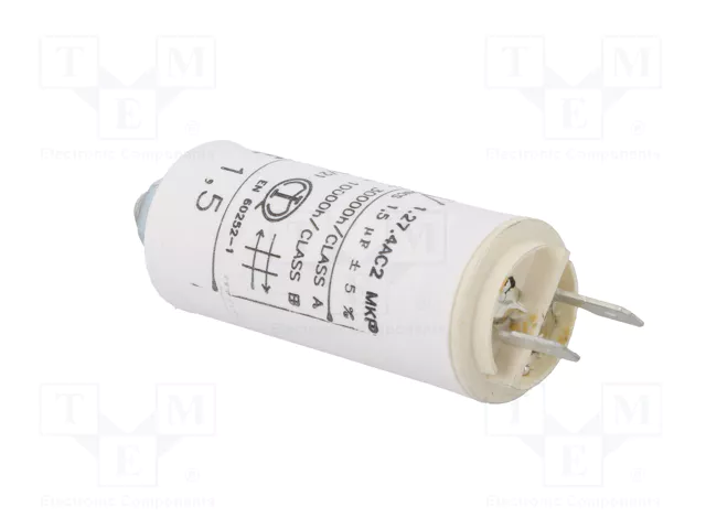 1.5/470VAC, ±5%, elektromotoru kondensators, klemes 6.3mm, 10000h, M8, Ø25x56.5mm, KEMET