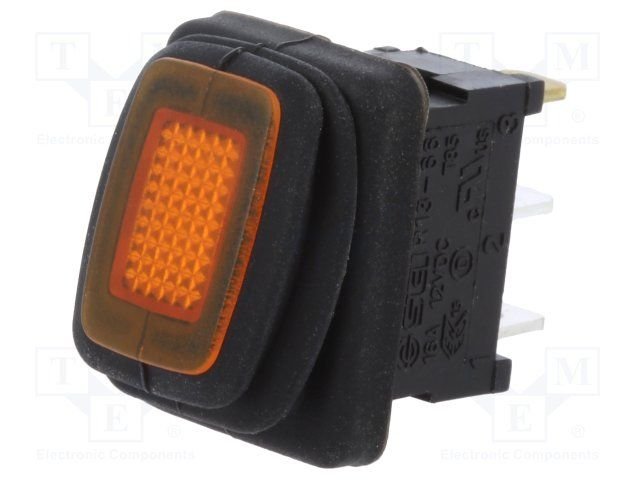 Taustiņslēdzis SPST, ON-OFF, 16A/12VDC, 21x15x13.8mm, IP65, ar apgaism. LED12VDC, oranžā krasa, ģermetiska, ar fiksāciju