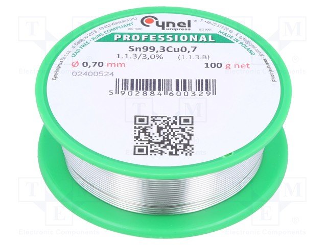 0.7mm, SN99.3/Cu0.7, 100g, Lodalva bez svinsa satura, Flux: No Clean, F-SW32, 3%, 227°C
