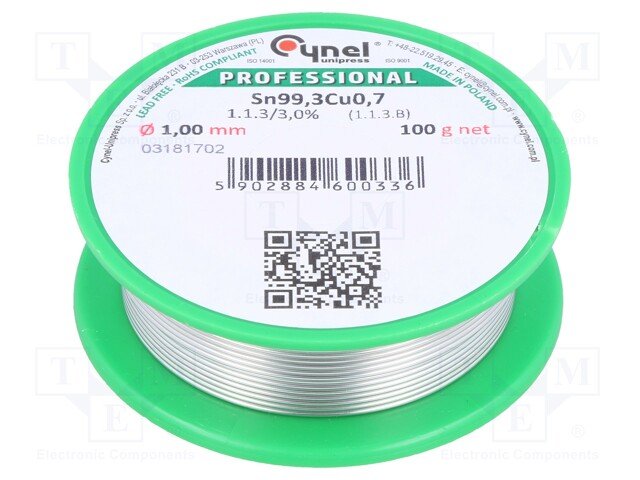 1.0mm, Sn99.3/Cu0.7, 100g, Lodalva bez svinsa satura, Flux: No Clean, F-SW32, 3%, 227°C