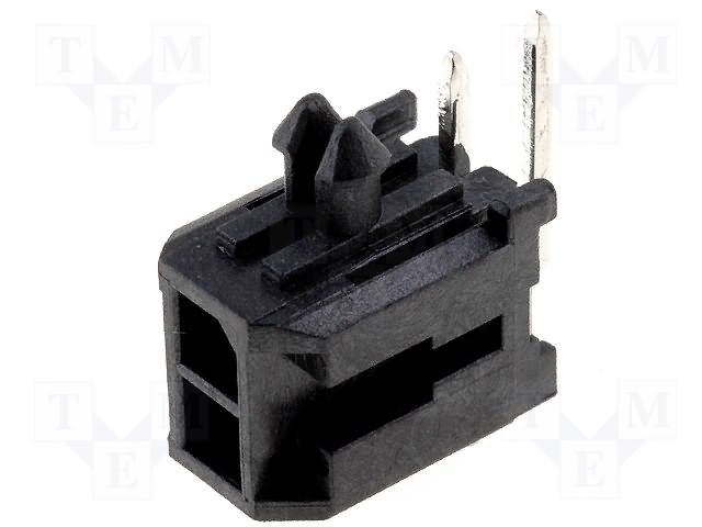 2pin(2x1), MicroFit, "mama/THT", šasijai, solis=3x3mm, 5A, leņķisks 90°
