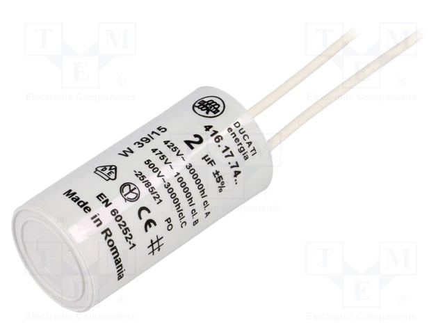 2.0/475VAC+cable elektromotoru kondensators, ±5%, Ø25x49mm, 10000h, DUCATI ENERGIA