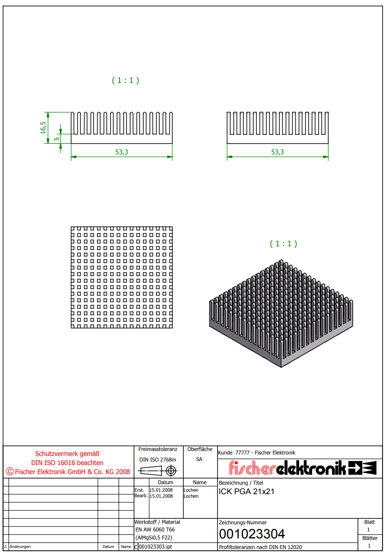 Radiators 53x53x17mm, aluminijs, melna krasa