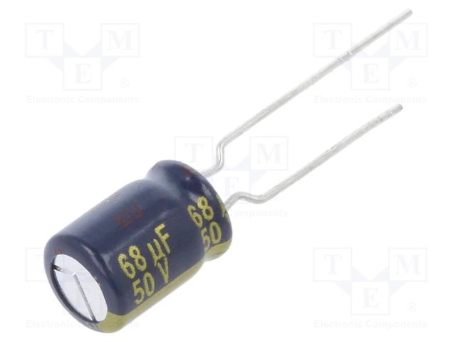 82/63V, 105C, Ø8x11.5mm, ±20%, Kondensatori zemas induktivitātes, 6000h, PANASONIC, ar lokaniem ivadiem