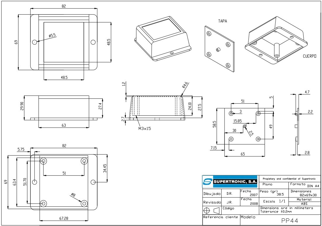 Plastmasas korpuss, 69x82x30mm, ABS, melnā krasa, ar piestiprinājumiem