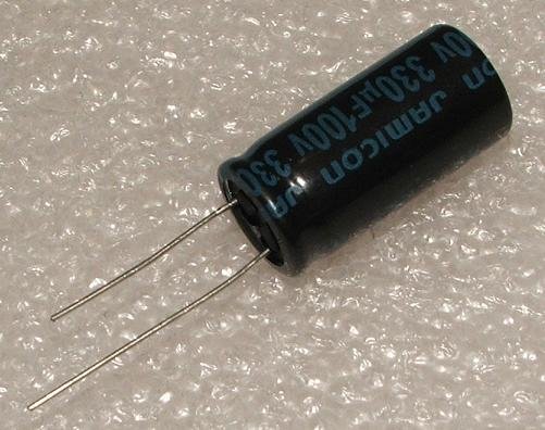 330/100V, 105C, Ø16x25mm, ±20%, Kondensators elektrolītisks, 2000h, Jamicon, ar lokaniem izvadiem