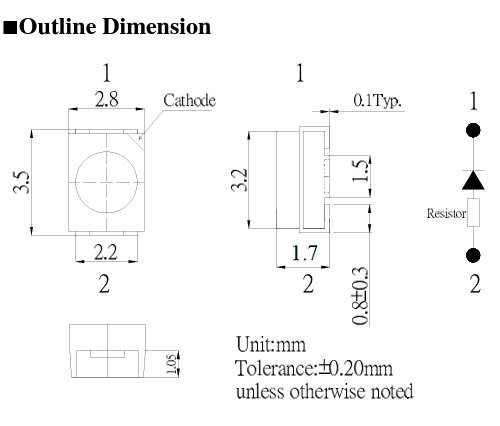 Gaismas diode SMD, sarkana, 3528(PLCC2), 68...100mcd, 12V/10mA, 120grad., 3.5x2.8x1.7mm, PLCC2