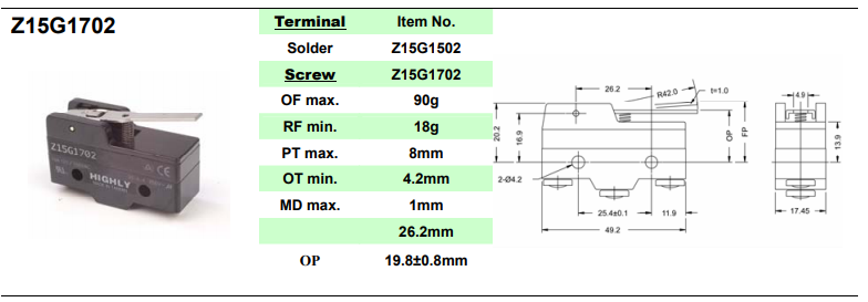 Mikropārslēdzējs ar sviru L=42mm, SPDT, ON-(ON), 20A/250VAC, IP40, 49.2x17.45x24.2mm, viens kontakts