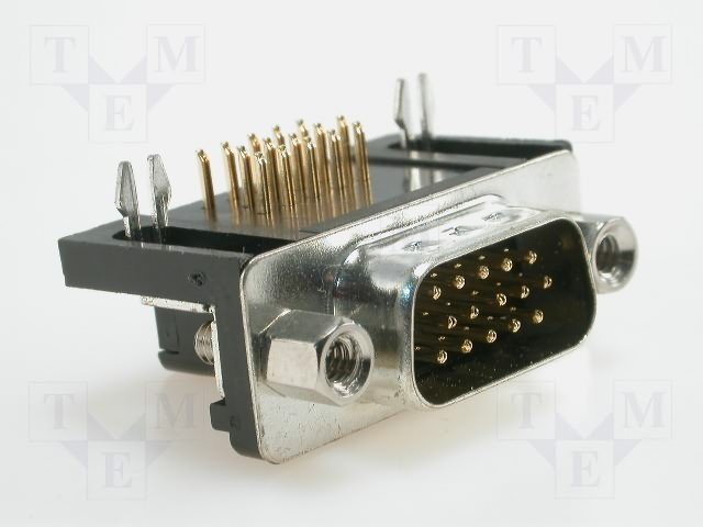15PIN tris rindas D-Sub HD, štekers, PCB type, leņķisks, plastmasu korpuss