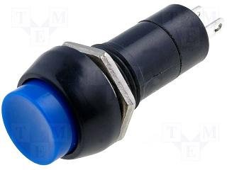 Poga SPST-NO, OFF-ON, 1A/250VAC, Ø12mm, Ø17.2x35.2mm, zilā krasa, ar fiksaciju