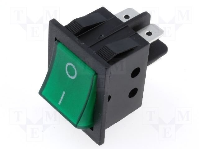 Taustiņslēdzis DPST, ON-OFF, 15A/250VAC, 26x34mm, apgaism. neona lamp., (--O), zaļā krasa, ar fiksāciju