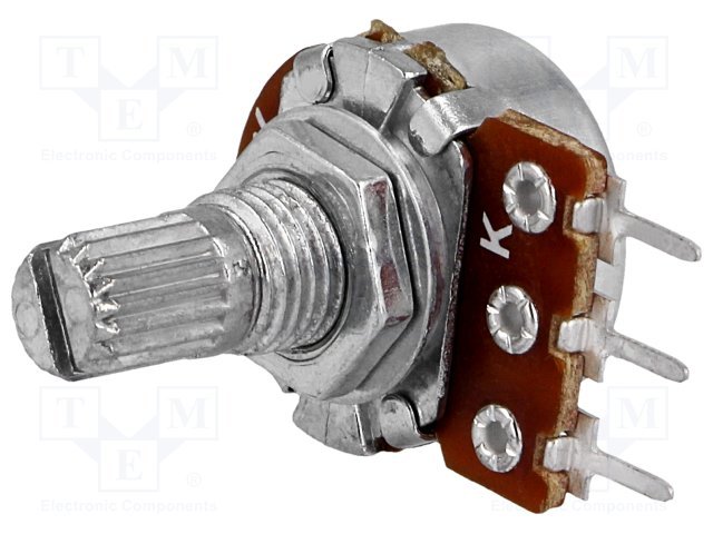 100K mono, Ø17x9.2mm, D=6mm, L=9mm, 63mW, ±20%, potenciometrs ar logarimisku atkarību, PCB veida