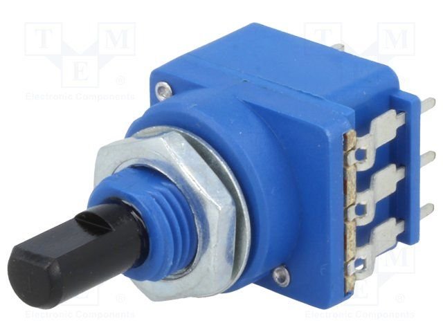 100K mono, ar spiedpogu slēdzi, 20.5x17.2x17mm, 200mW, 6mm, D profils, potenciometrs ar linearu atkarību