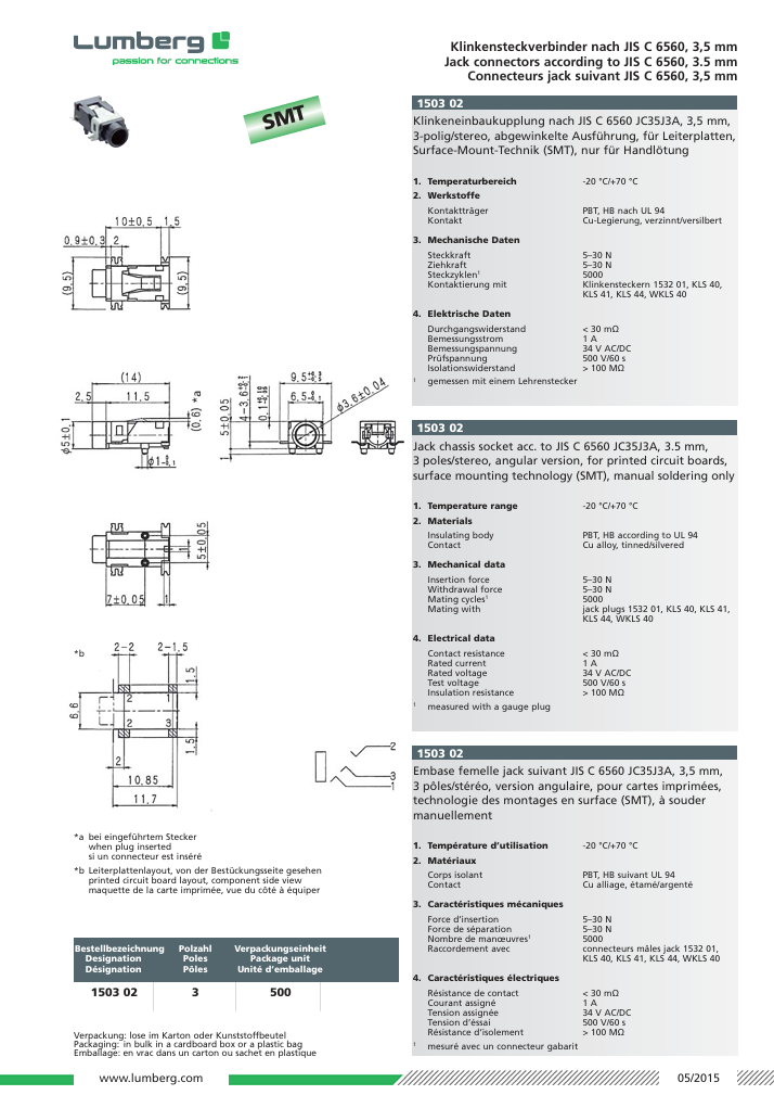 3.5mm ligzda, stereo, plastmasas, SMD, LUMBERG